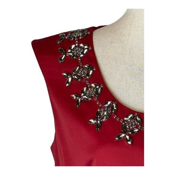 Talbots Red Satin Jeweled Neckline Belted Box Pleated Fit And Flare Dress 6 NWT - Picture 6 of 12